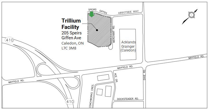 Map that shows direction to the Trillium facility at 205 Speirs Giffen Ave.