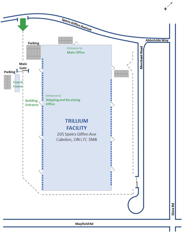 Directions Yard Map and Safety Protocols Map that shows the layout of the Trillium facility yard. The facility is at the intersection of Speirs Giffen Avenue and Merchant Road. The Main Entrance for Inbound Carriers is located on Speirs Giffen Avenue. The Agent Gate Pickups/Returns is on Merchant Road. Behind the gate is the facility yard. If you turn right from the main entrance, there is the guard house. Opposite to the Guard House and along the facility side are the entrances to Shipping and Receiving Office. On the other side of the building are the Agent Docks Pickups / Returns, Agent Bullpen (Help), Building Entrance, and the Waiting Area.