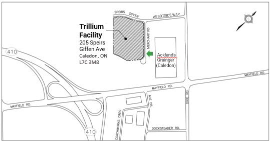 Map that shows direction to the Trillium facility at 205 Speirs Giffen Ave.