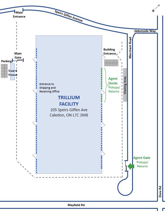 Map that shows the layout of the Trillium facility yard. The facility is at the intersection of Speirs Giffen Avenue and Merchant Road. The Main Entrance is located on Speirs Giffen Avenue. The Agent Gate Pickups/Returns is on Merchant Road, on the right and near the end of the street. Behind the gate is the facility yard. If you turn right, there is the waiting area, Agent Docks Pickups / Returns, and the Building Entrance. At the Building Entrance, there is Agent Bullpen (Help). From the Agent gate on Merchant road, if you go straight to the other side of the building, there is Guard house, Main Entrance, and Entrance to Shipping and Receiving Office.