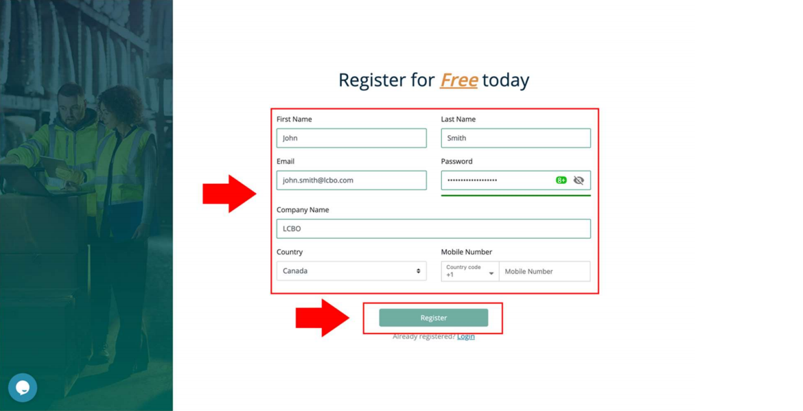 Opendock registration page