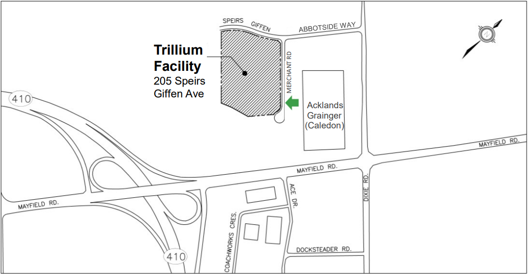 Map that shows direction to the Trillium facility at 205 Speirs Giffen Ave.